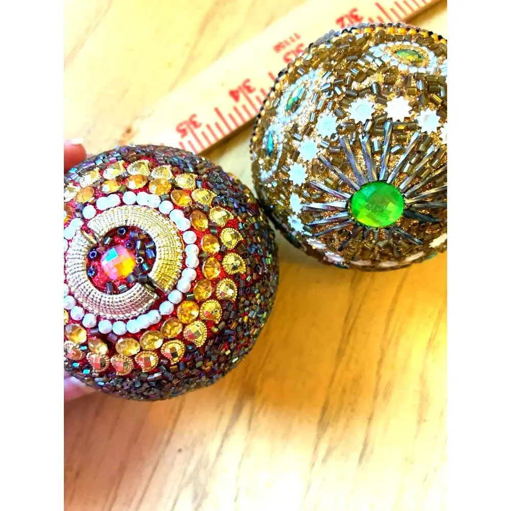 2 VTG Beaded Christmas Ornaments Jewels Balls Ornate Bling Sparkle Pier 1 Style